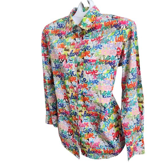APNY Grafitti Love Print-Boyfriend Button Up Shirt-NWT-Cotton-Streetwear-XS - Picture 14 of 14